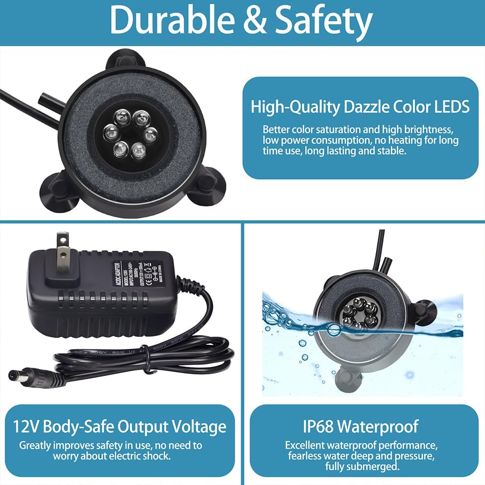 DaToo Aquarium LED Air Bubble Stone Disk Bubble Light 4 Inch with 6 Dazzle Color LEDs Fish Tank Oxygen Bubble LED Light Color Auto Changing with 3.5ft Air Tubing