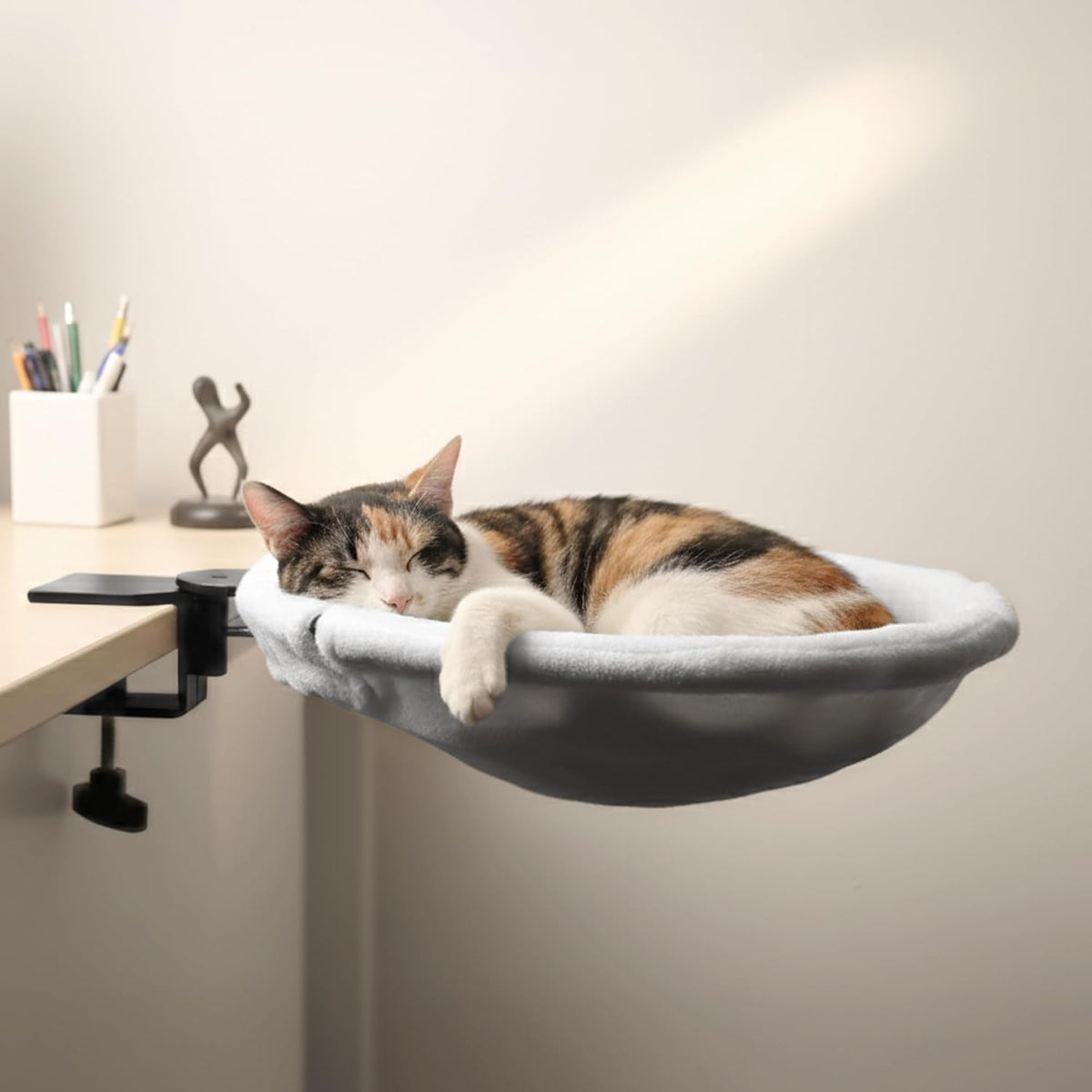 Adjustable Cat Desk Bed, Sunken Design Cat Hammock, Supports Up to 50 lbs, Sturdy Metal Frame with Secure Clamp, Removable Faux Rabbit Plush Cover, Perfect for Home or Gaming Desk (White, XL)