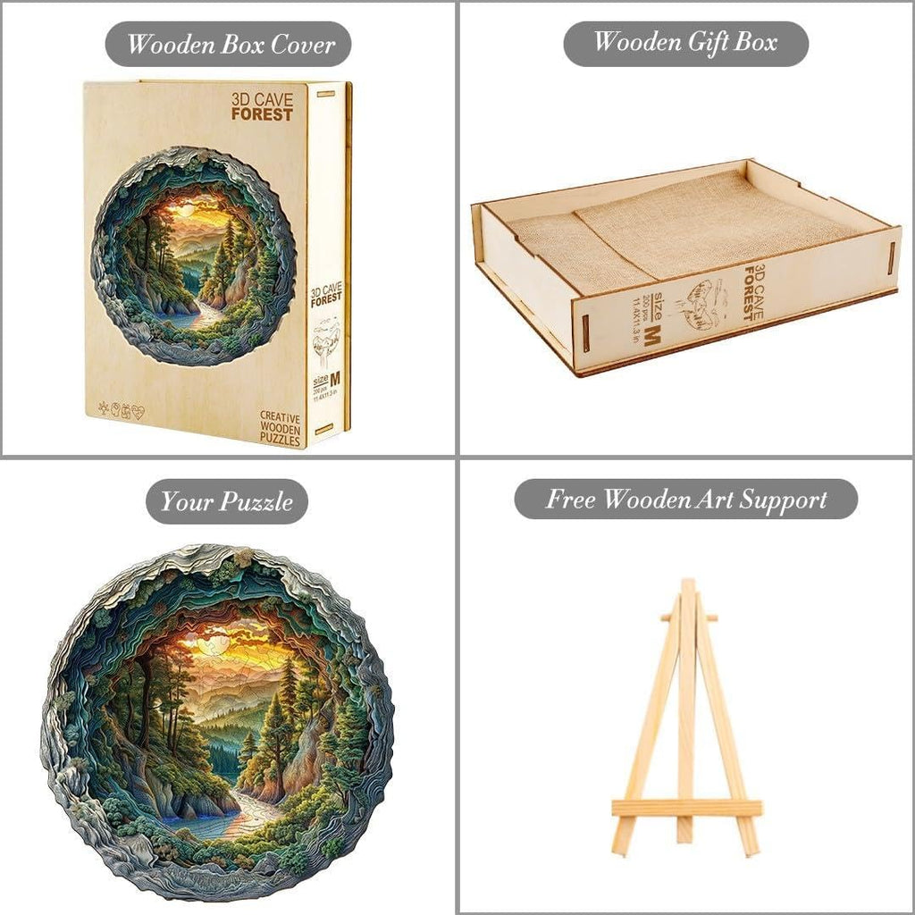 300 Pieces Wooden Puzzles, 3D Cave Forest Puzzle, Unique Animal Shaped Wood Challenging Jigsaw Puzzles Ideal for Adults, Premium Wood Gift Box 13.4x13.3in