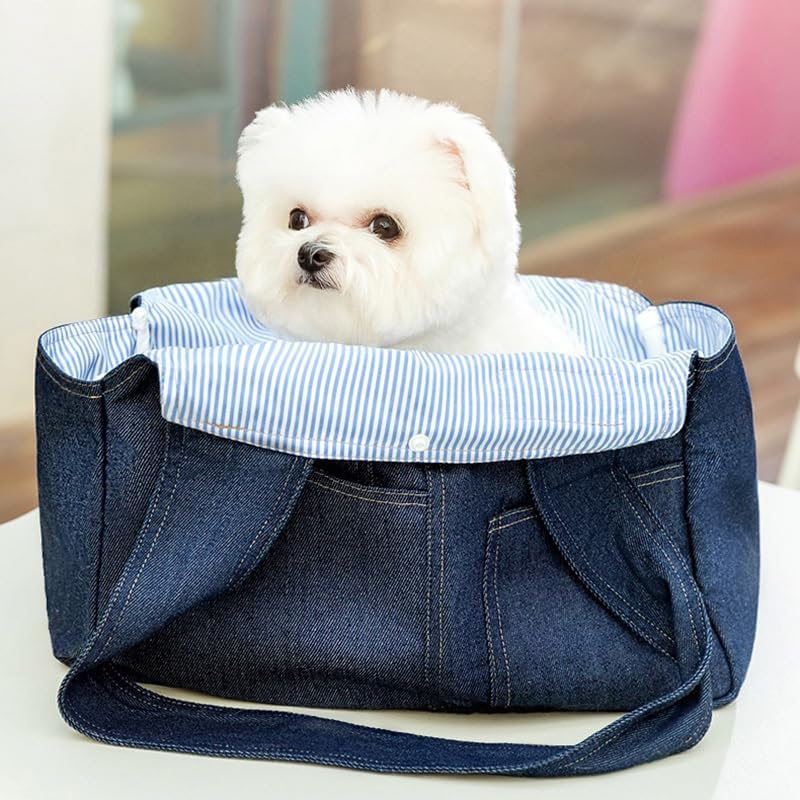 Denim Pet Sling Bag – Portable & Lightweight Shoulder Carrier for Small Dogs & Cats, Foldable Design with Hard Bottom Support, Anti-Escape Snap Hook Inside, Fashionable Travel Bag (Medium)