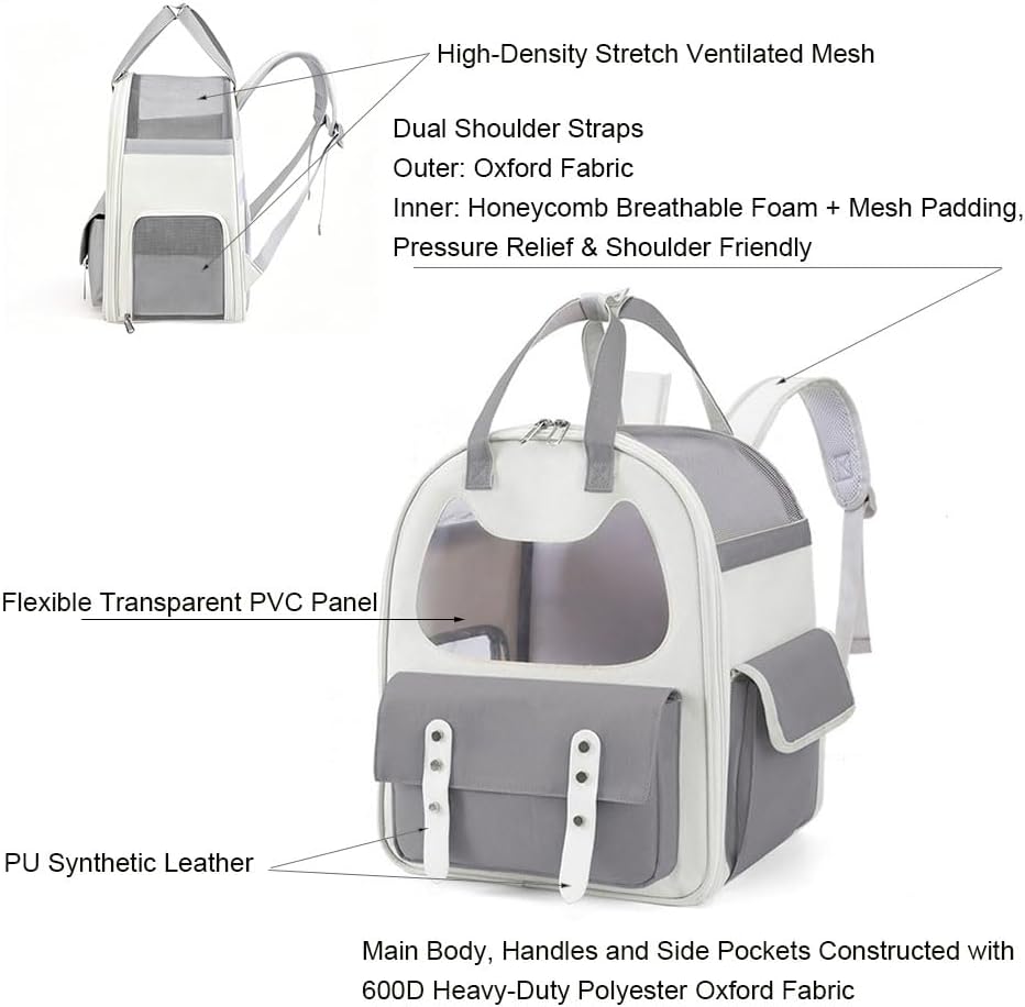 Pet Backpack, TSA-Friendly Canvas Transparent Cat Travel Backpack, Airline Approved Small Dog Travel Bag 15.7x9.1x12.6 Inches with Handles, Breathable for Camping, Outdoor Activities & Air Travel