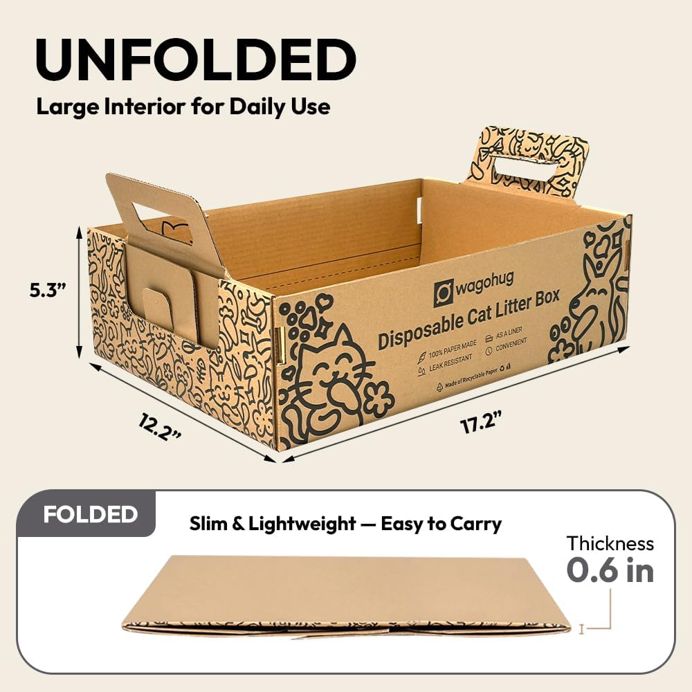 Disposable Cat Litter Box 3 Pack, Foldable Portable Travel Litter Box for Cats, Waterproof Leakproof Cardboard Kitty Litter Box for Travel, Moving, Temporary Use & No-Clean Cat Care