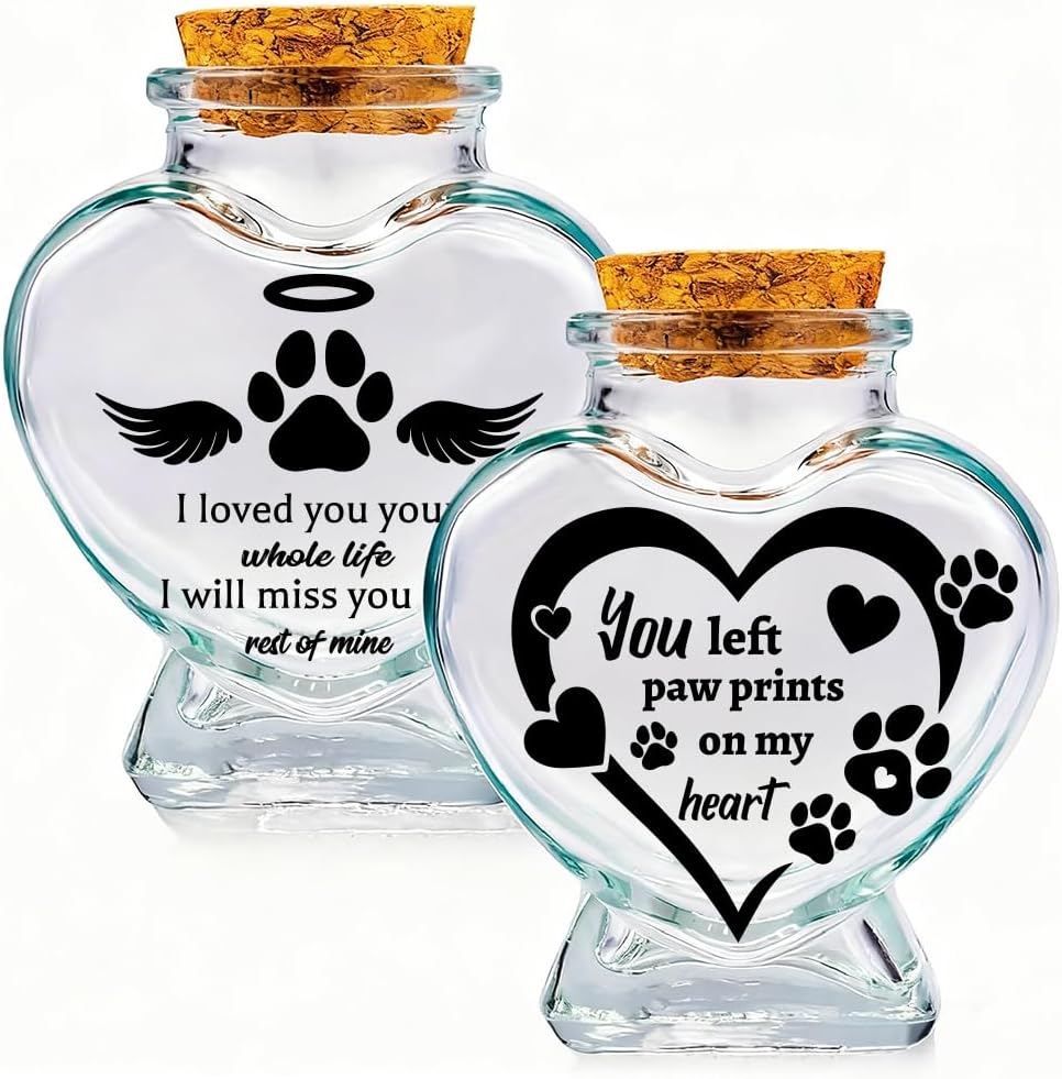 2Pcs 2 Styles Pet Memorial Bottle 2.95 x 2.48 Inch Pet Hair Keepsake Jar with Cork Stopper Paw Print Heart Pattern Glass Heart Shaped Container Memorial Urns for Storing Dog Cat Ashes Hair