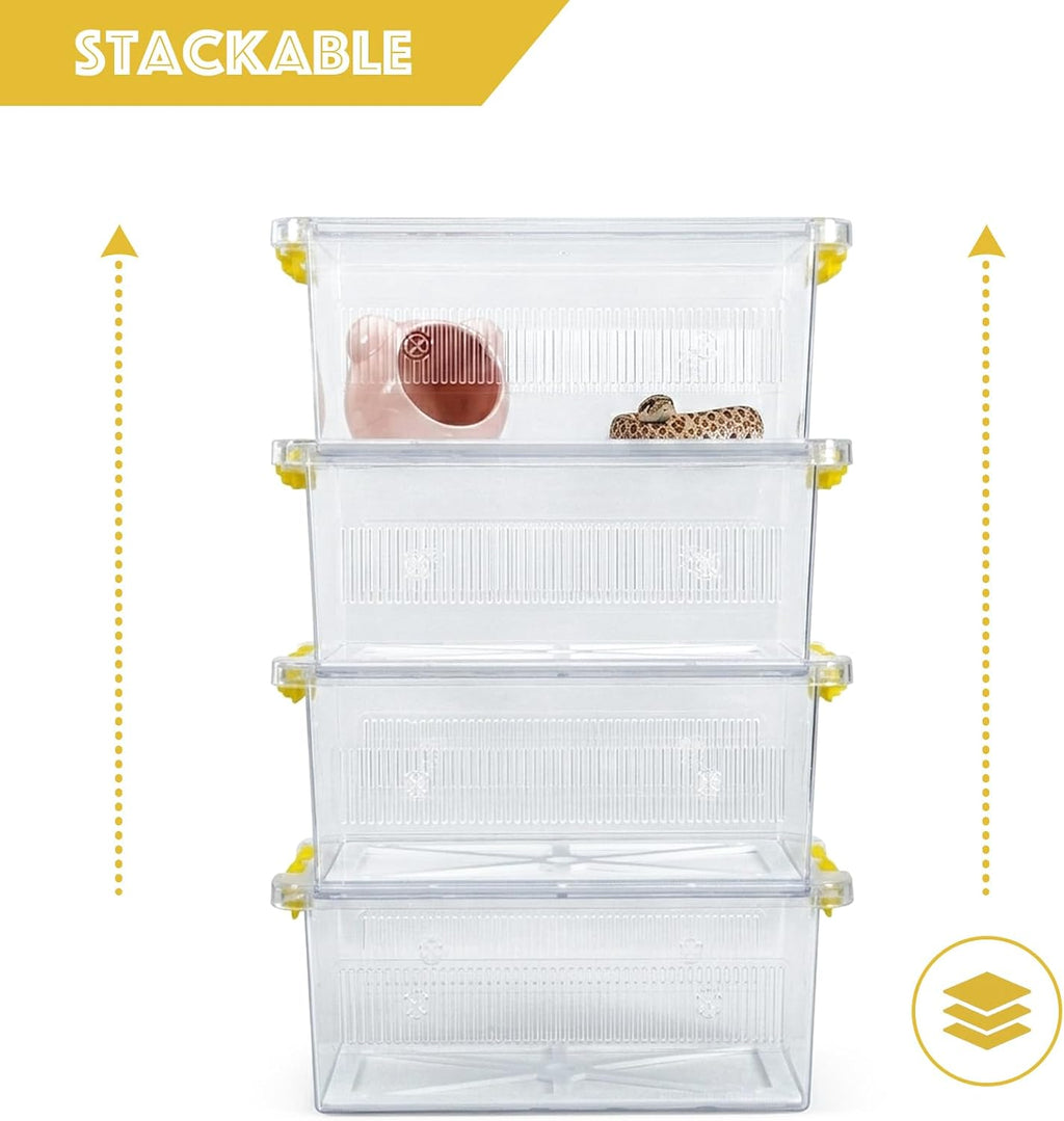 4 Pack ABS Reptile Breeding Box with 100 Non-Woven Pads Each – Stackable Reptile Enclosure for Snakes, Lizards & Spiders – Ventilated Hatchling Reptile Terrarium 8.7x4.3x3.9 Inch