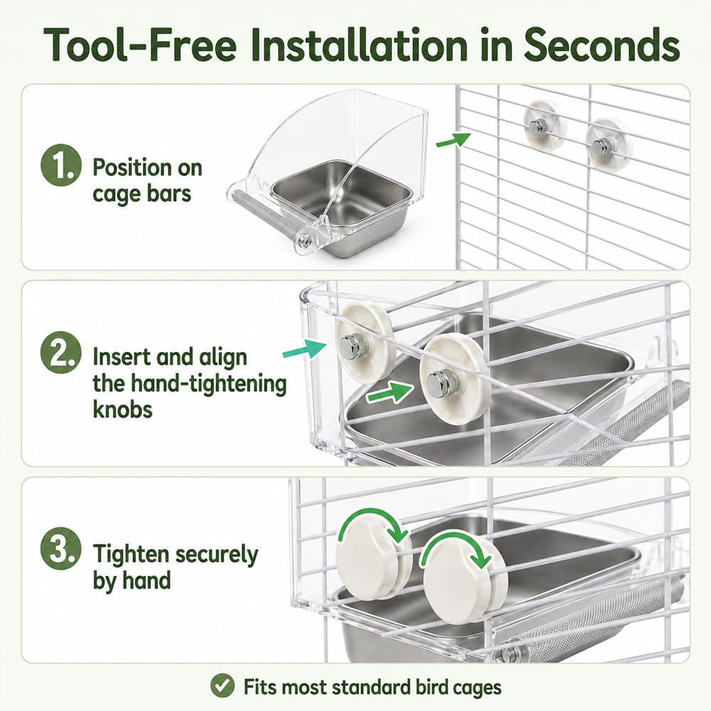 Bird Feeder for Cage - Stainless Steel Anti-Slip Bird Food Bowls, Spill-Proof Parakeet Feeder for Cockatiels, Lovebirds, Budgies, Small Birds