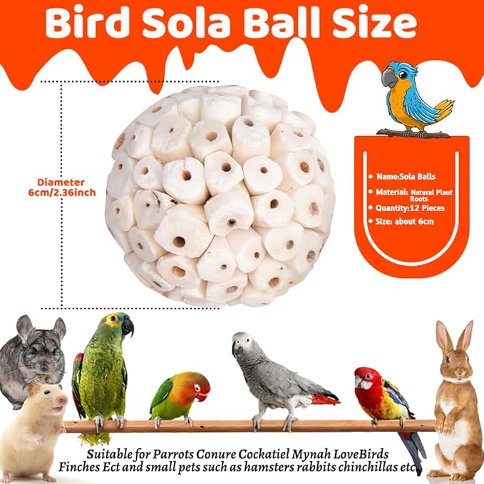 12 Pack Bird Toy Sola Balls, Natural Parrot Soft Chew Shredding & Foraging Toy - Image 2