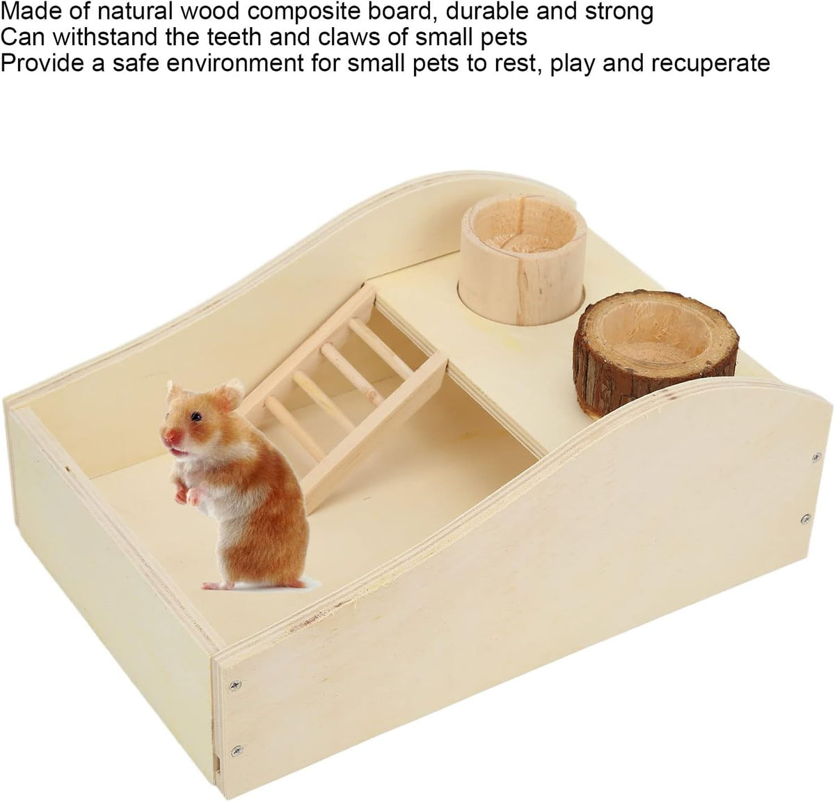 HEEPDD Hamster Sand Bath Box, Wooden Multi Functional Sand Bathroom Hideout with Climbing Ladder and Feeder Bowl for Cage Use Natural Color 1 Set