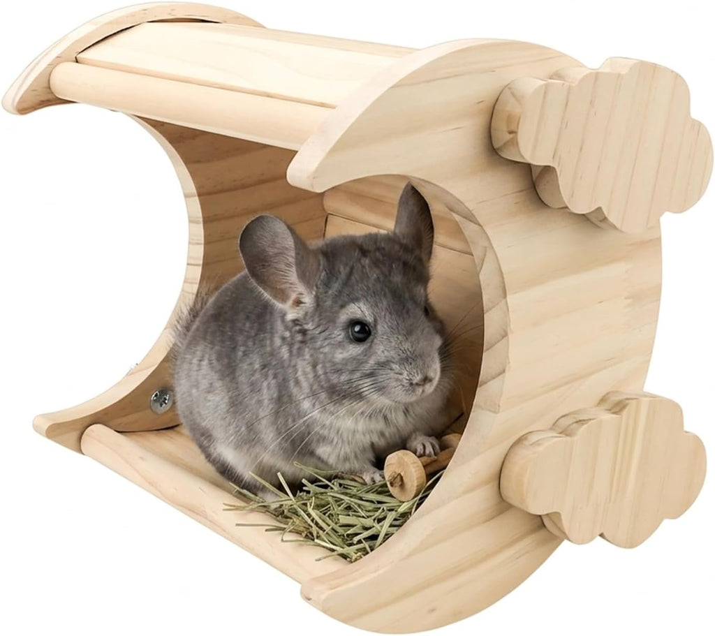 Moon Shaped Pine Wood Chinchilla Hideout, Cage Accessories for Hamsters