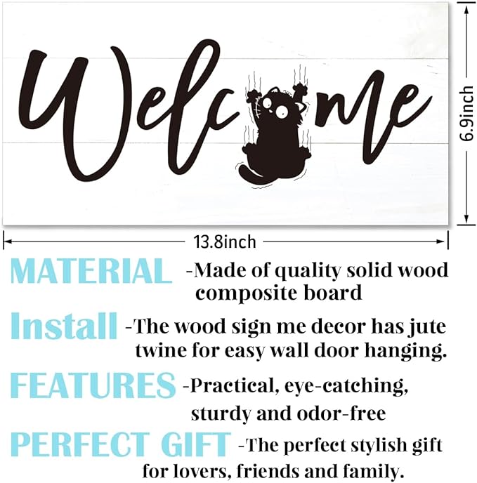 Welcome Sign for Front Door, Welcome Decor Wooden Hanging Sign for Cats Lover - Image 2