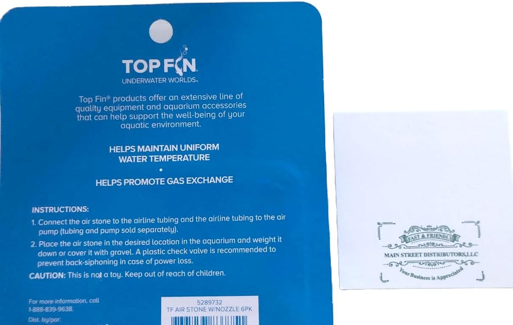 Top Fin Air Stone Helps with Water Temperature W/Nozzle for Aquarium Air Line. (Air Line Sold Seperatley). Plus Complimenatry Main Street Distributors Sticky Note Pad Included.