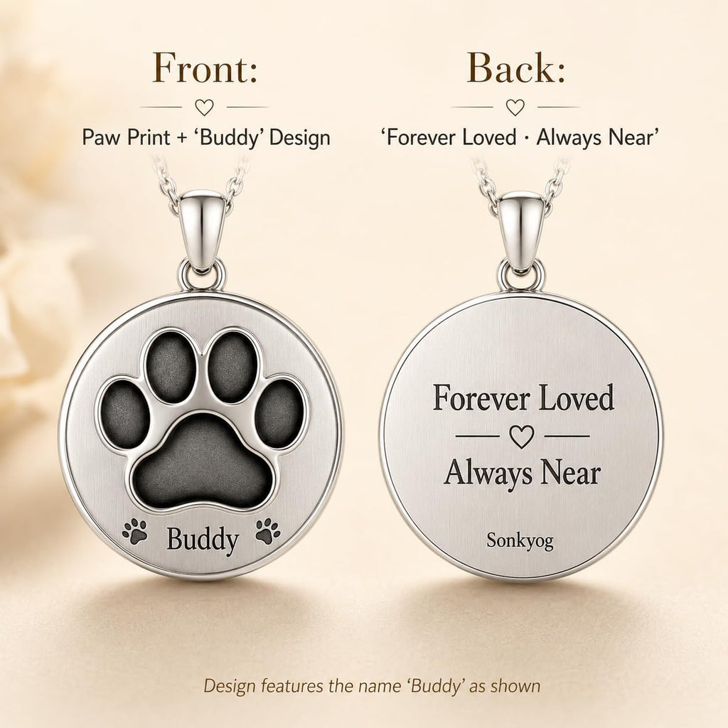 Buddy Pet Memorial Necklace for Ashes, Pre-Engraved Paw Print Cremation Urn Pendant for Dog, 316L Stainless Steel Twist-Open Keepsake, Sympathy Gift — Name Reads Buddy, Not Customizable