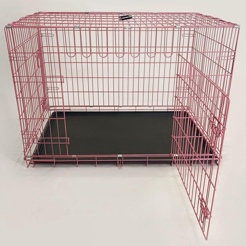 24-Inch Folding Metal Dog Crate for Small Breeds – Double Door, Removable Tray, and Carry Handle – Ideal for Indoor - Pink