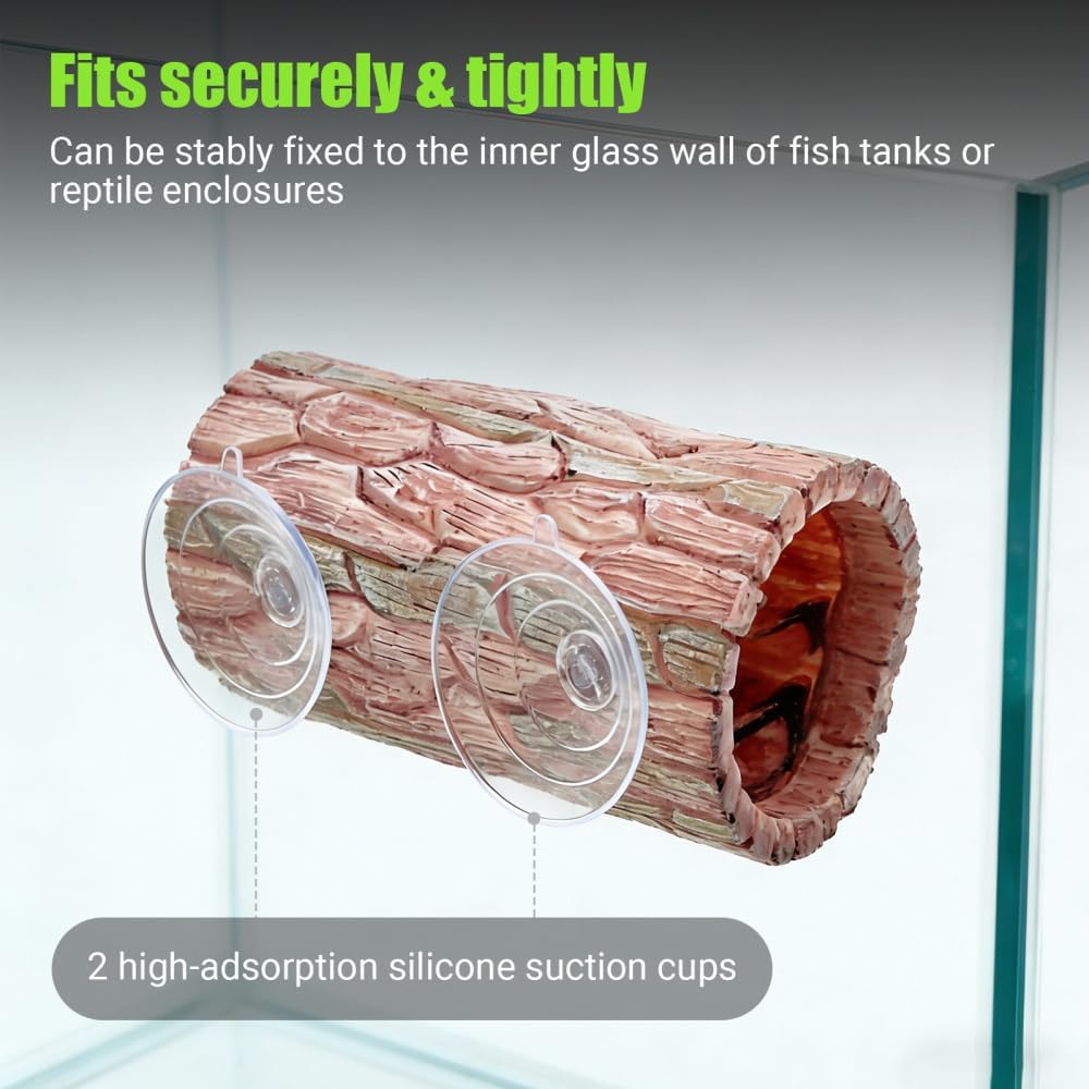Reptile Hideout Cave, Resin Tree Trunk Shape Lizard Hide Habitat with Suction Cups Terrarium Decor for Gecko Lizards Tree Frogs Fish
