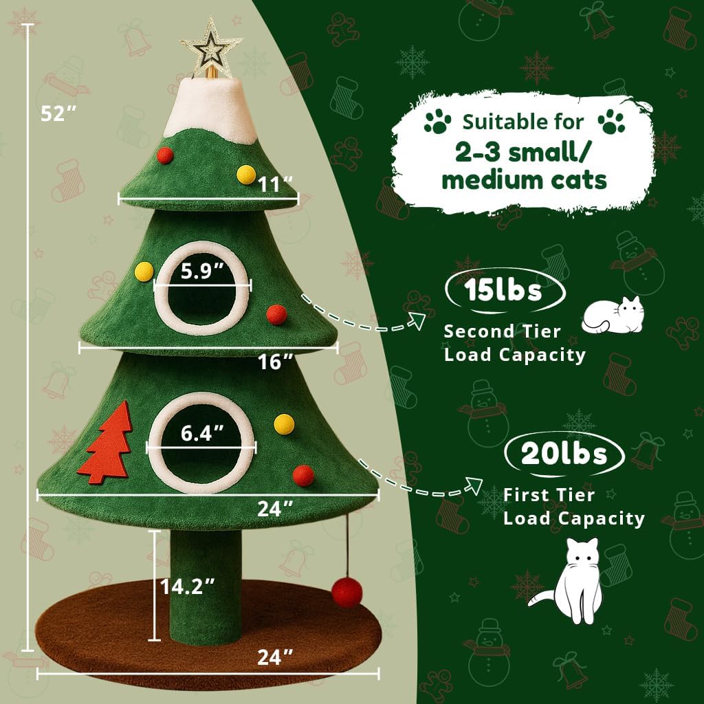 COMHOMA Christmas Cat Tree with 2 Cozy Houses,52" Holiday Cat Tower with Anti-Tip Safety,Festive Indoor Cat Climbing Furniture with Dangling Balls,Cat House and Climbing Tower for Kittens