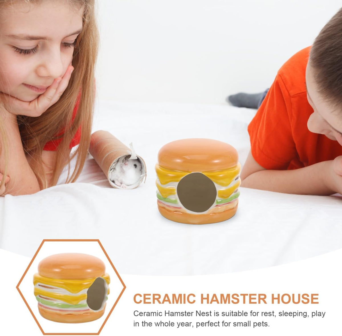 Didiseaon Ceramic Hamster Hideout House Burger Shape Small