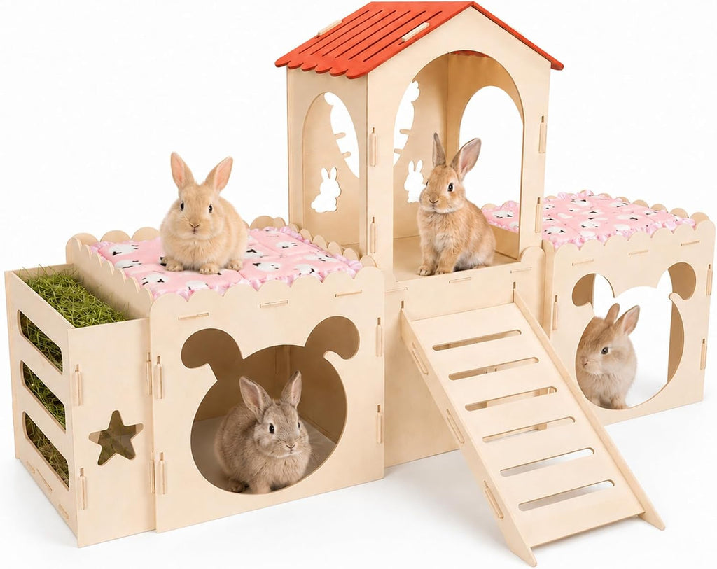 Extra Large Rabbit Castle with 2 Soft Fleece Mats and Hay Feeder,