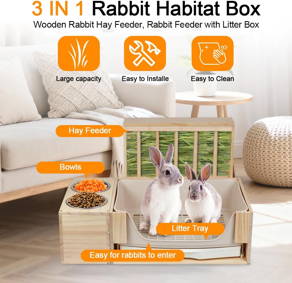 3-in-1 Rabbit Hay Feeder with Covered Hay Rack & Litter Box Drawer(Style 3)