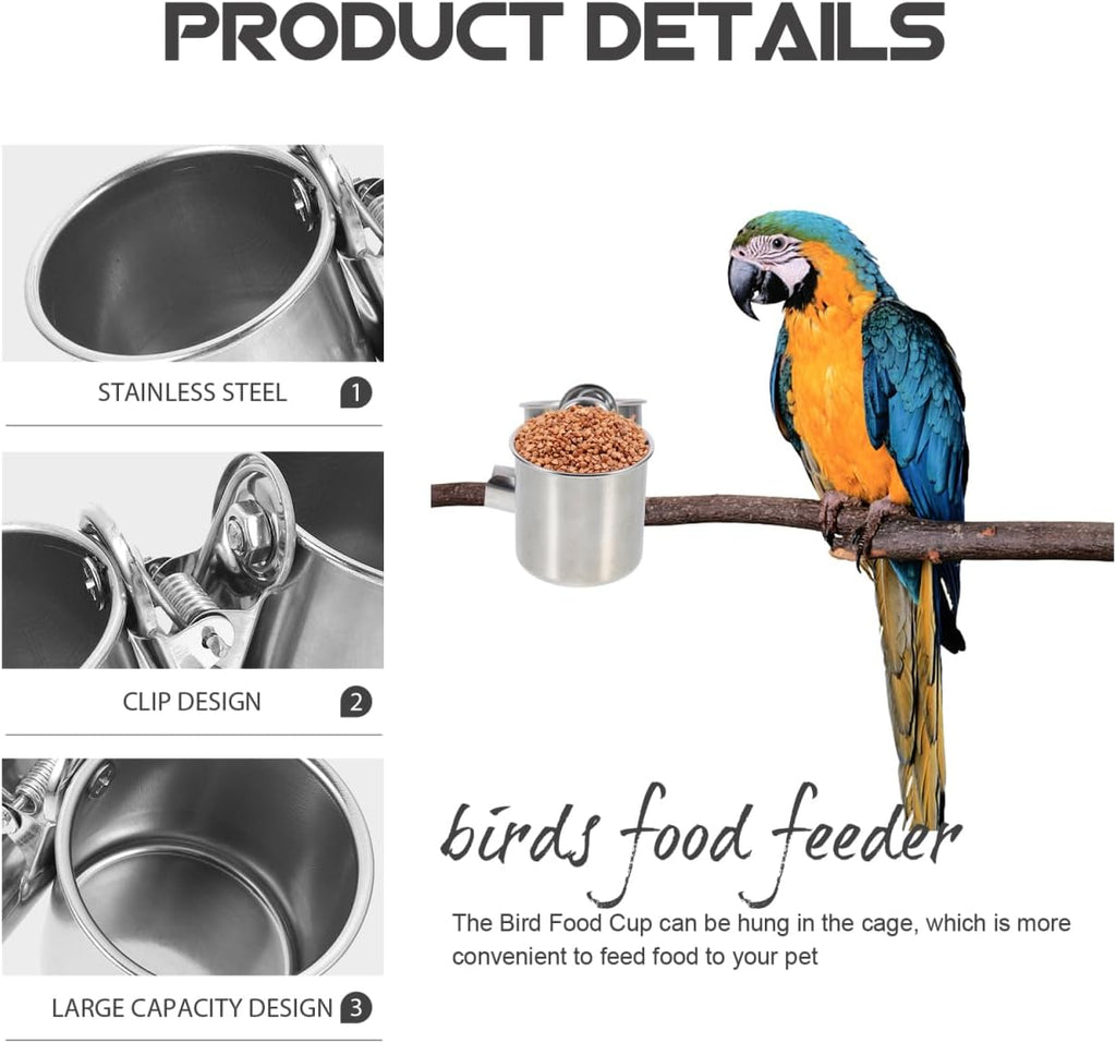 POPETPOP 2 Pcs Bird Parrot Feeding Double Cups with Clip - Stainless Steel Bird Bowls for Cage, Food Feeder Cups Hanging Bowl for Cage Stand Accessories
