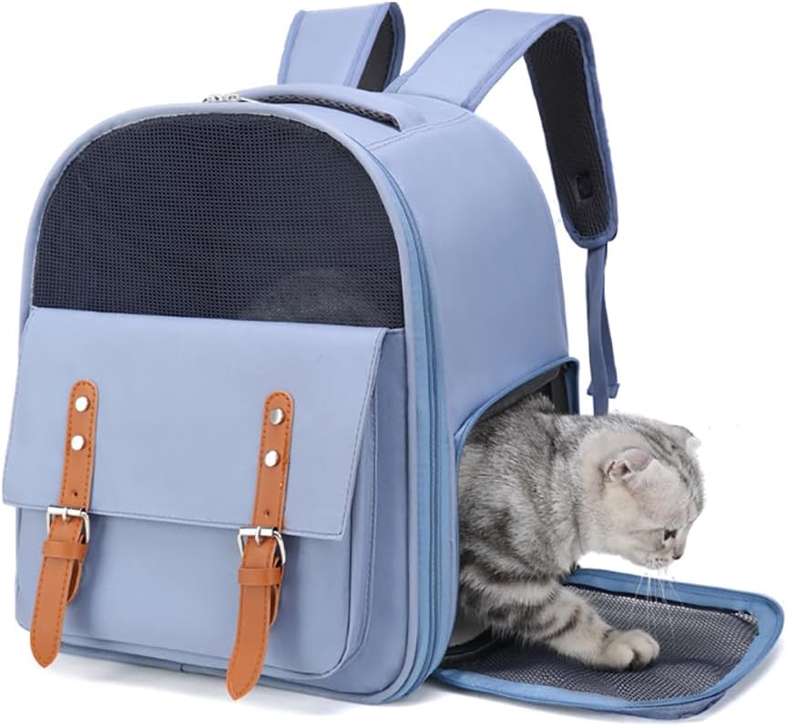 Cat Backpack Carrier Breathable Pet Travel Backpack Double Shoulder Pet Bag for Cats Small Dogs (Blue, 12.6‘’L × 9.9''W ×15.4''H)
