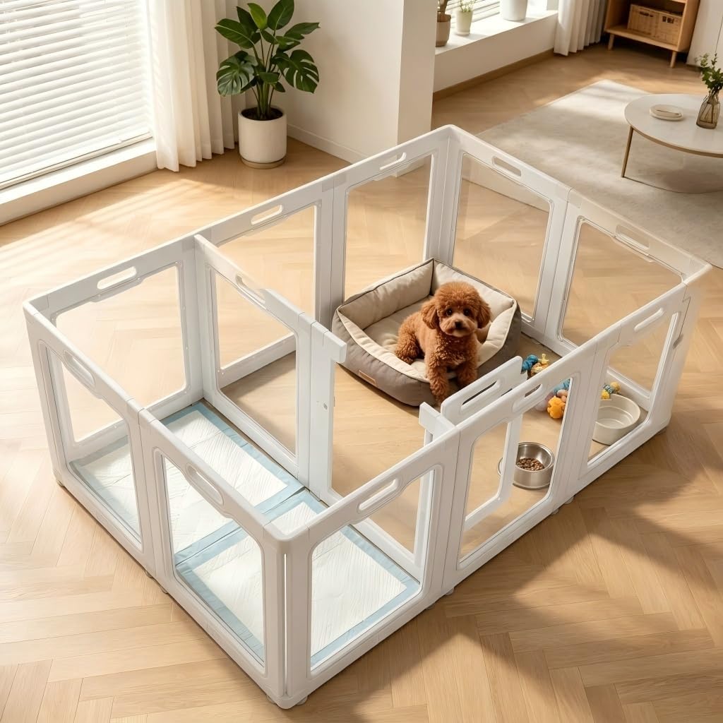 24" H Clear Acrylic Dog Playpen,12-Panel Modern Black Indoor Pet Fence