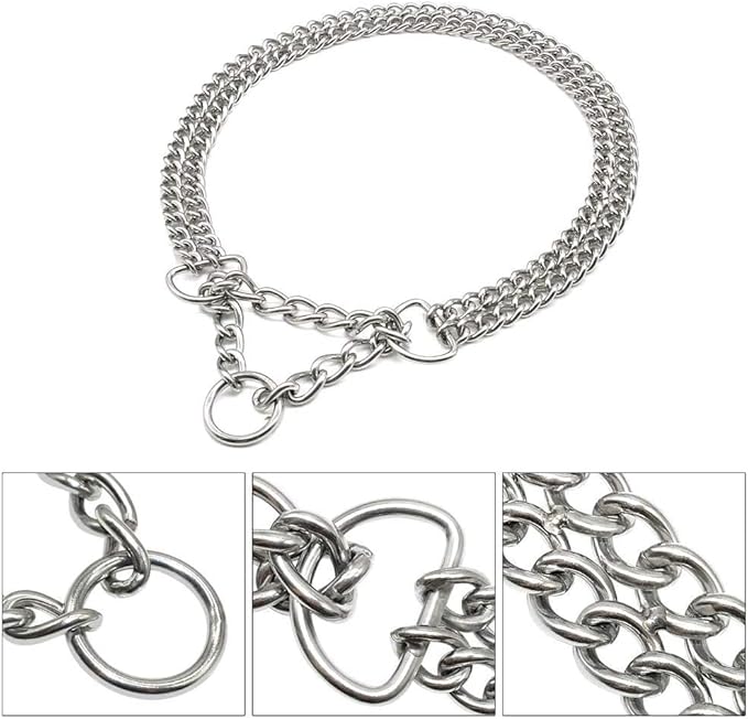 Silver Dog Choker Collar, 2 Rows Stainless Steel Dog Chain Cuban Link Metal - Image 5