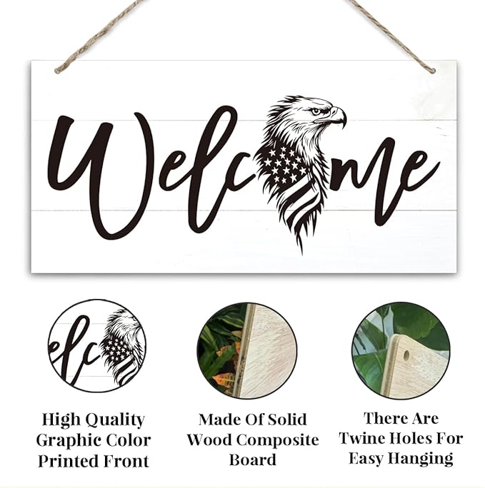 Welcome Sign for Front Door, Welcome Decor Wooden Hanging Sign, Patriotic Theme - Image 3
