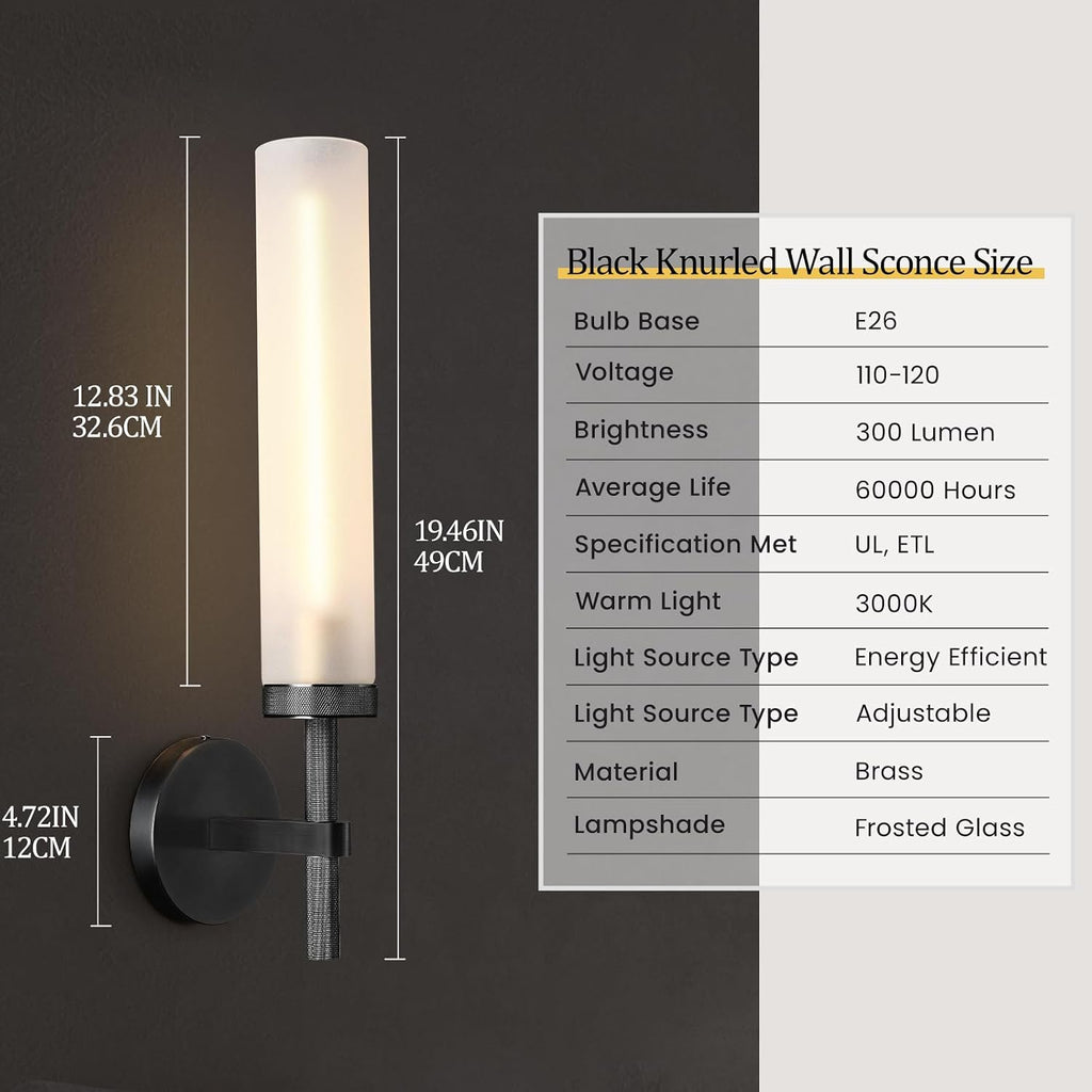 Black Knurled Wall Sconce, 20" Bathroom Wall Sconce 2Pc, Glass Tube and Brass Wall Sconces Lighting, Wall Light Mirror Sconces,Vanity Sconce Lights for Bath, Bedroom, Living Room, Hallway