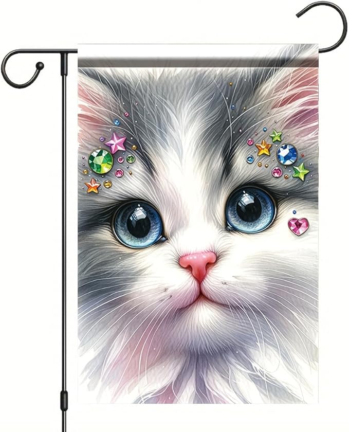 Cute Kitty Garden Flag 12x18 Inch Bling Rhinestone Cat Face Banner Double Sided - Image 7