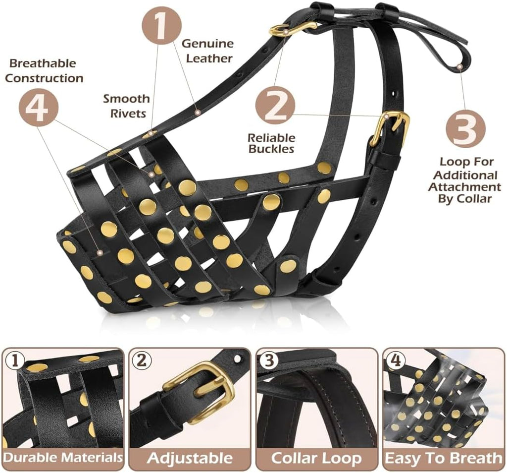 OOPSDOGGY Pitbull Dog Muzzle for Large Dogs - Leather Breathable Secure Basket Muzzle for Medium Large Breeds Prevents Biting No Chewing Amstaff Staffordshire Terrier (Black)
