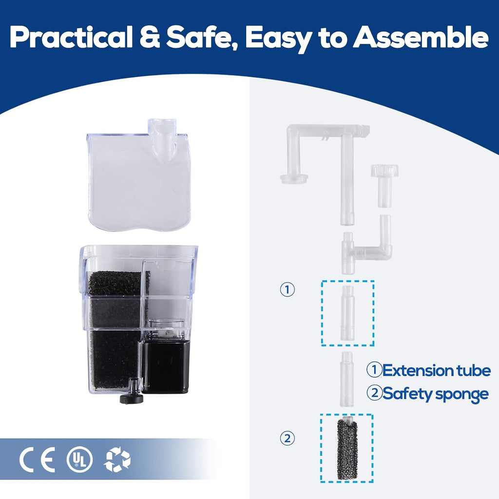 5 Gallon Aquarium Filter with Surface Skimmer, Small Quiet Fish Tank Filter, Biochemical Cotton Filtration & Adjustable Water Flow, Waterfall Design for Increasing Oxygen, Hang on Back Filter