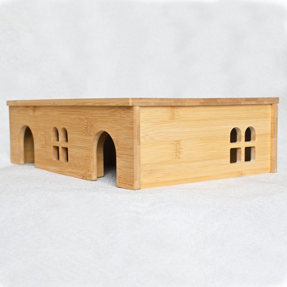 0.3" Thick Bamboo Hamster Maze, Pre-Assembled 6-Room Multi-Chamber House, Safe One-Piece Hideaway, No-Moving-Lid Wooden Habitat for Dwarf Hamster, Mouse, 12.2 x 8.4 x 3.6 in, Medium
