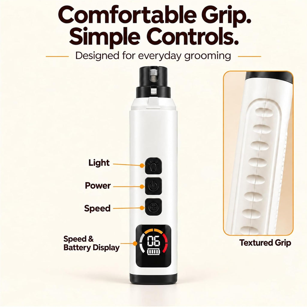 Dog Nail Grinder with 30dB Ultra‑Quiet Brushless Motor, 6‑Speed (6000‑12000RPM), 3‑Port System, LED Lights, 8H Battery, Dust Cap – Painless Grooming for Small, Medium & Large Dogs & Cats