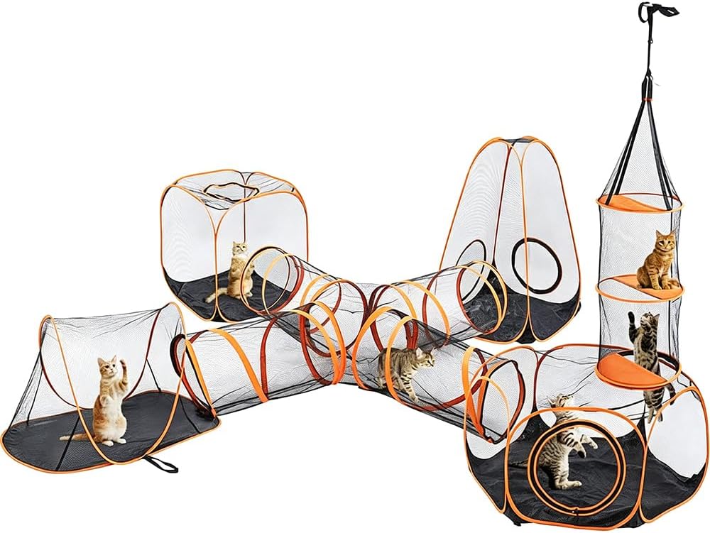 6-in-1 Modular Cat Playground with Hanging Climbing Tunnel,Large Cat House Condo & Enclosure for Multiple Cats,Portable Cat Activity Center with Cube Tents & Y-Tunnel for Cats,Rabbits & Small Animals