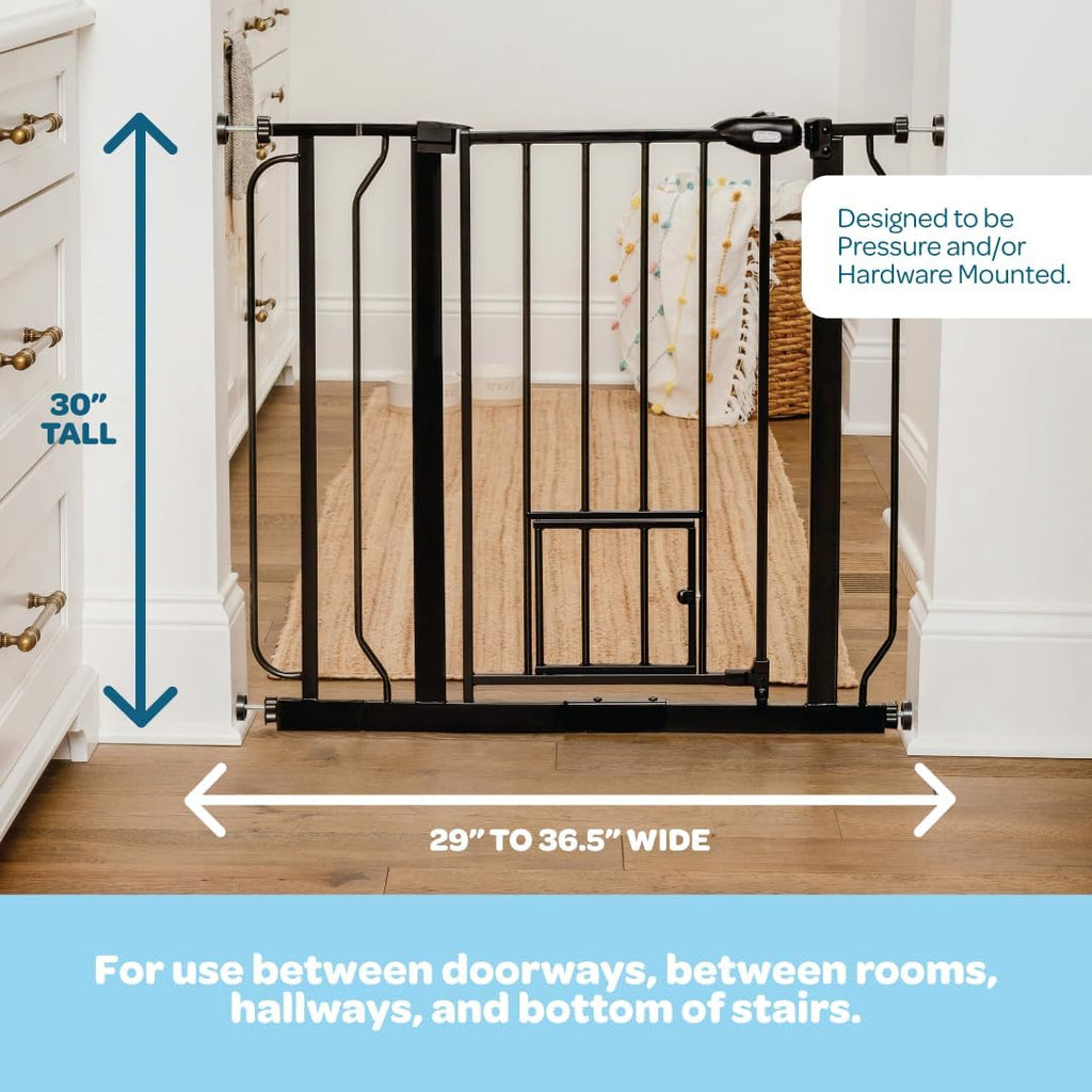Carlson 29–36.5" Extra Wide Walk-Thru Dog Gate with Small Pet Door, Black