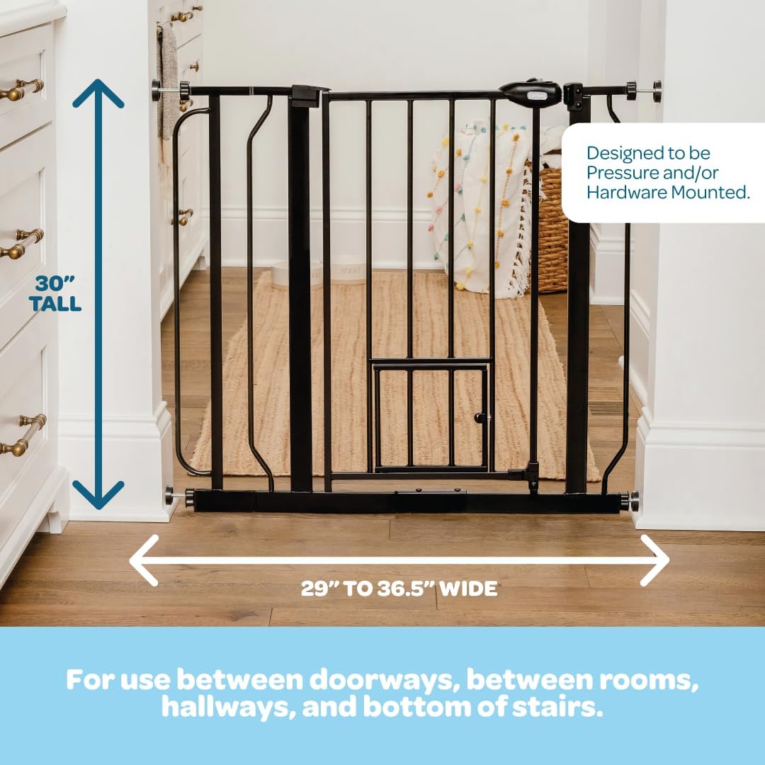 Carlson 29–36.5" Extra Wide Walk-Thru Dog Gate with Small Pet Door, Black