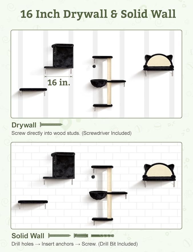 5-in-1 Cat Wall Shelves, Solid Wood & Velvet & Sisal Scratcher, 44lbs Max Load - Image 7