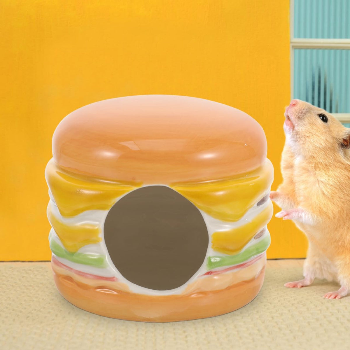 Didiseaon Ceramic Hamster Hideout House Burger Shape Small