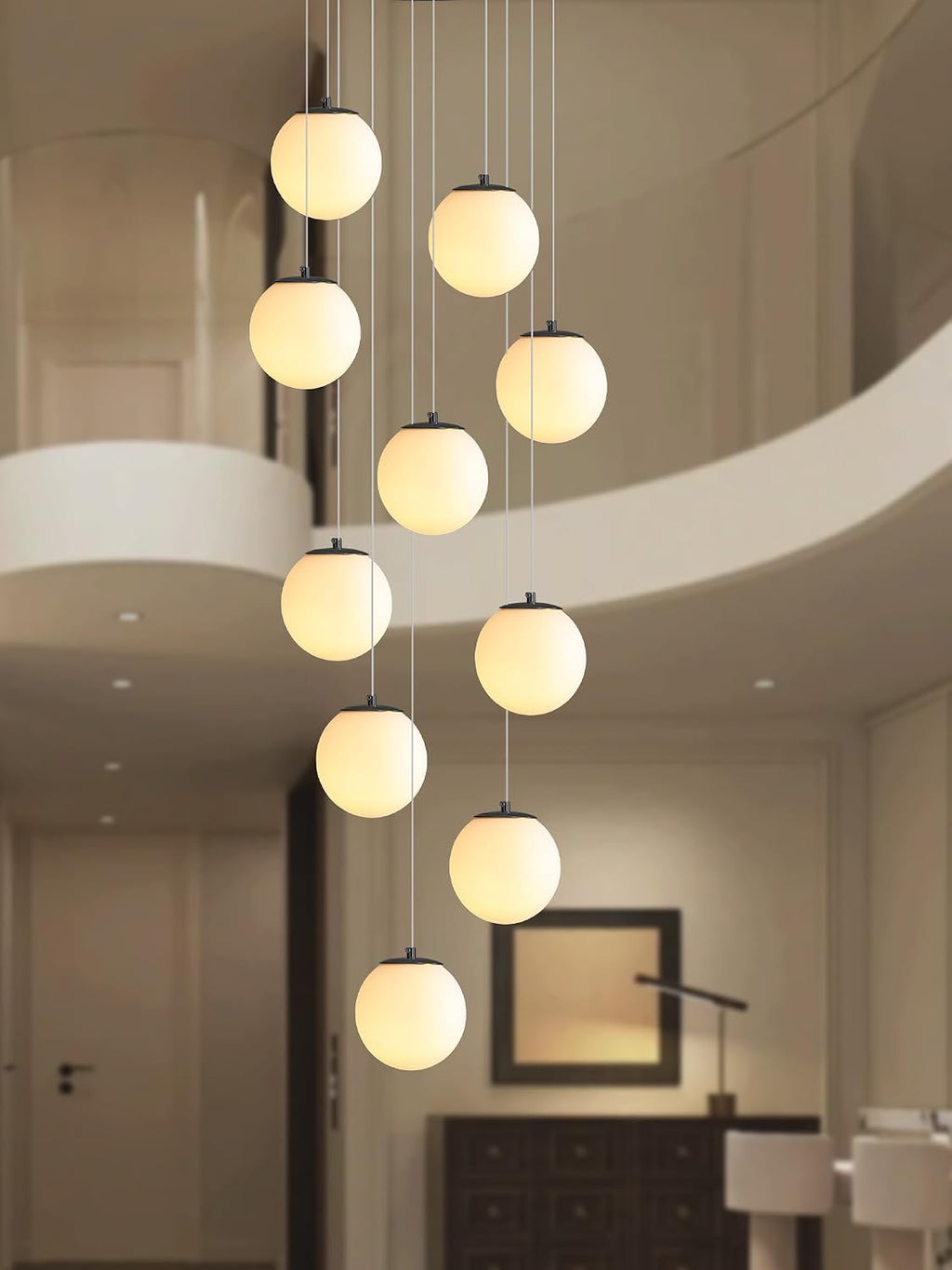 ykolupty 10-Light Black Chandelier with White Globe Glass Dimmable Ceiling Light Glass Pendant Light for Kitchen Island, Dining Room, Living Room, Entry Hallway, LED Bulbs Included