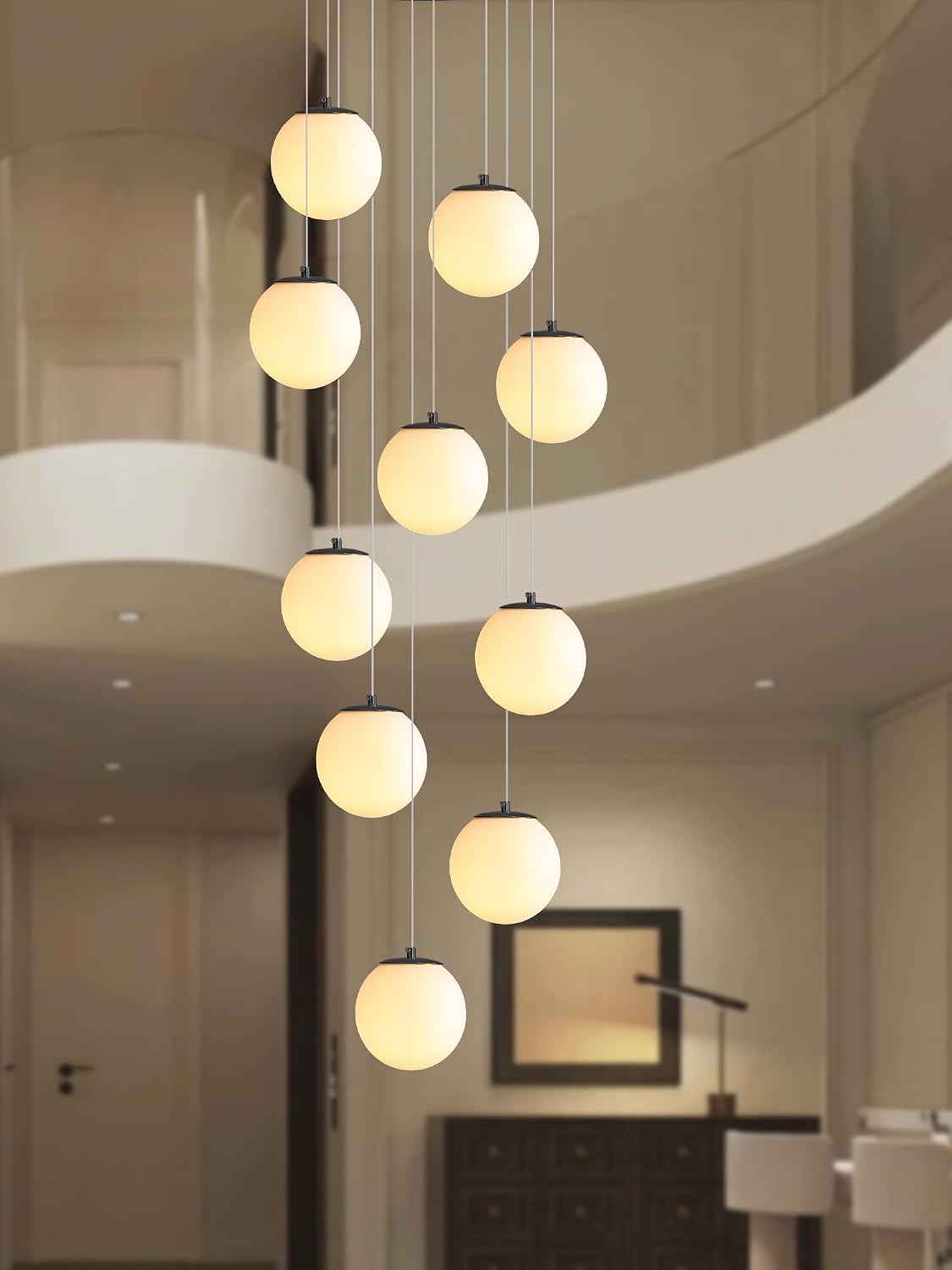 ykolupty 10-Light Black Chandelier with White Globe Glass Dimmable Ceiling Light Glass Pendant Light for Kitchen Island, Dining Room, Living Room, Entry Hallway, LED Bulbs Included