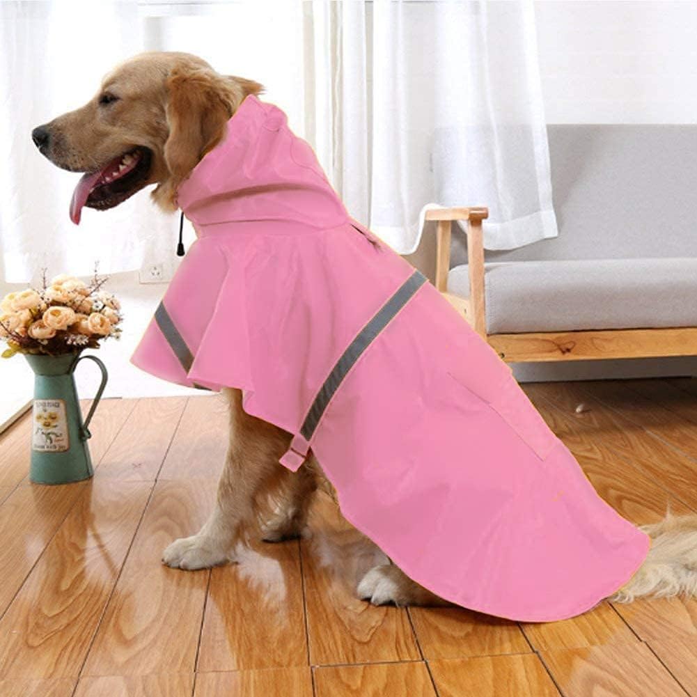 Mikayoo Large Dog Raincoat Adjustable Pet Waterproof Clothes Lightweight Rain Jacket Poncho Hoodies with Strip Reflective(Pink,M)