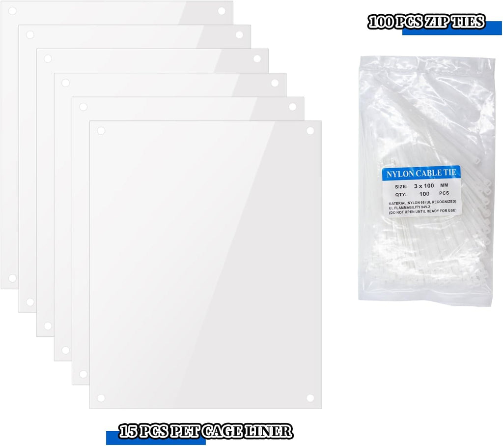 15-Pack Transparent Cage Scatter Guards – PVC Pet Enclosure Barriers with Zip Ties | Mess Prevention Panels for Rabbit, Ferret, Chinchilla & Small Animal Cages