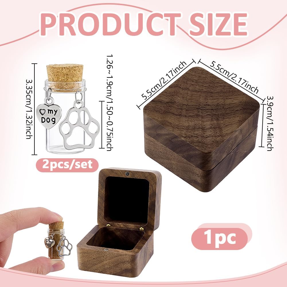 NBEADS Personalized Pet Hair Keepsake Box, Wooden Dog Hair Memorial Shadow Box with 2 Pcs Glass Cork Wishing Bottles Pet Memorial Gift for Loss of Dog or Cat