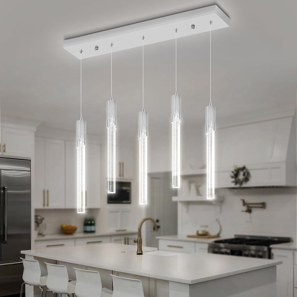 Flashing God 5-Lights Rectangular Crystal Pendant Lights for Kitchen Island Modern Crystal Column Chandeliers for Dining Room Chrome Linear Crystal Chandelier
