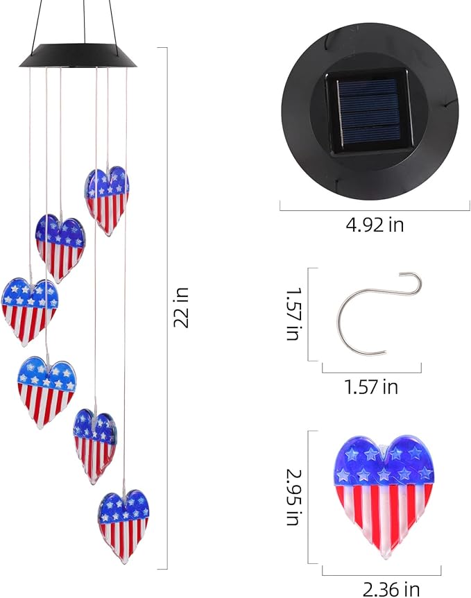 American Flag Solar Wind Chimes, Heart-Shaped Love Patriotic Wind Chime Color - Image 9