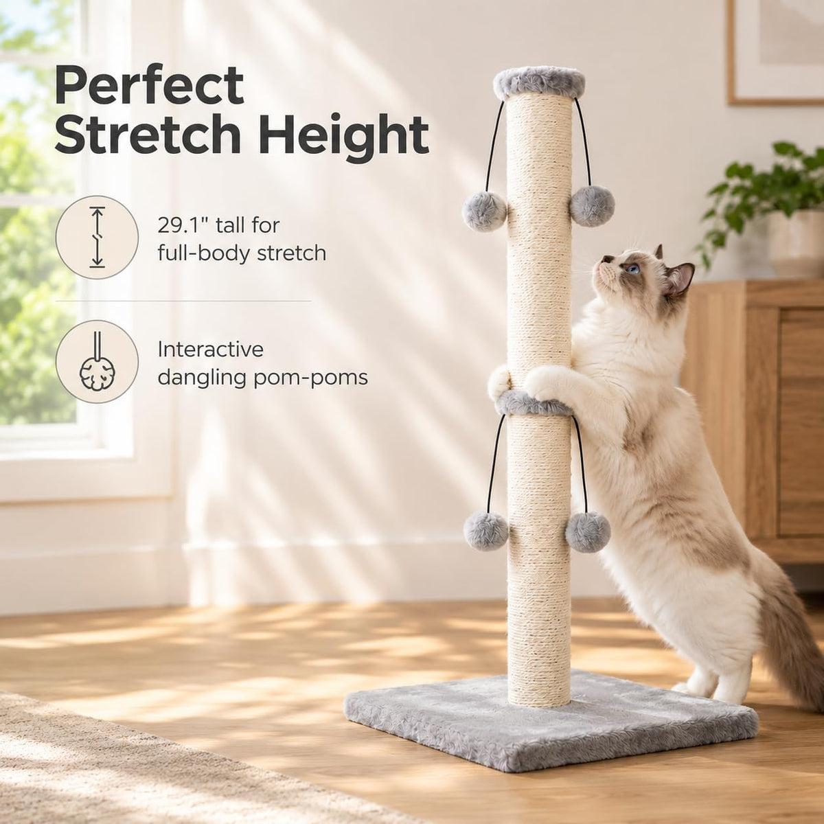 Dimaka 29in Cat Scratching Post, Sisal Scratch Post for Indoor Cats, Grey