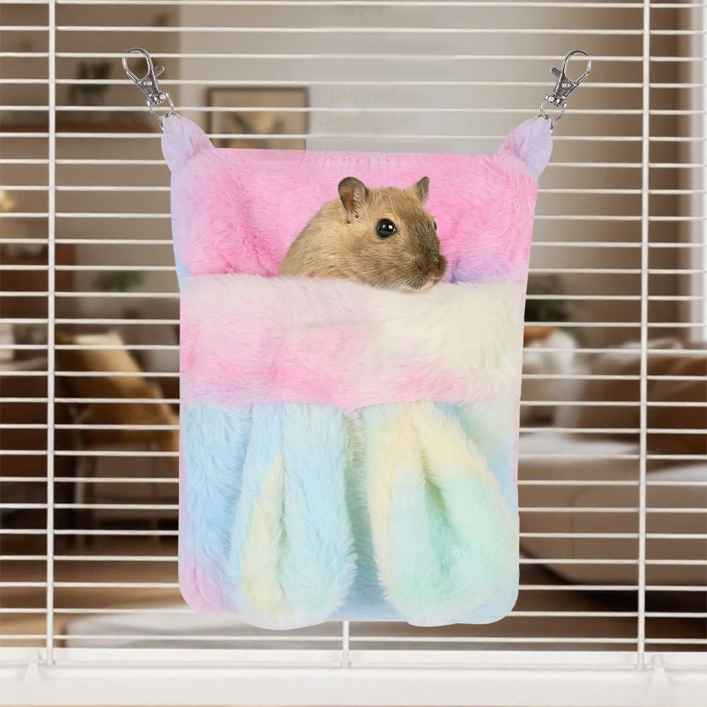 MiOYOOW Sugar Glider Sleeping Pouch, Warm Plush Hamster Bed with Cute Ear Colorful Cage Hanging Small Animals Nest for Guinea Pig Ferrets