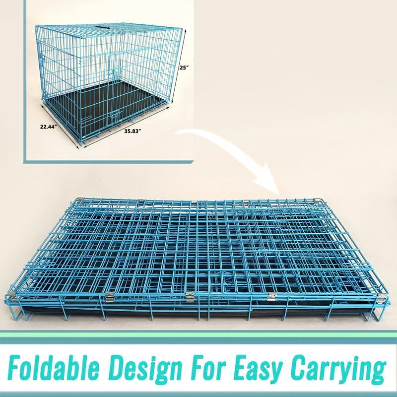 36-Inch Folding Metal Dog Crate for Medium and Small Breeds – Double-Door Kennel with Divider, Removable Tray, and Carry Handle – Ideal for Indoor and Outdoor Use (Blue, 36" L x 22" W x 25" H)