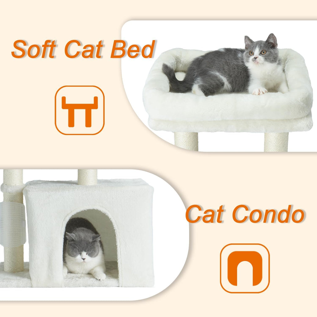 PEEKAB Small Cat Tree Tower,Scratching Post with Condo and Perch for Indoor Cats and Kittens,with Dangling Ball Massage Brush,Beige