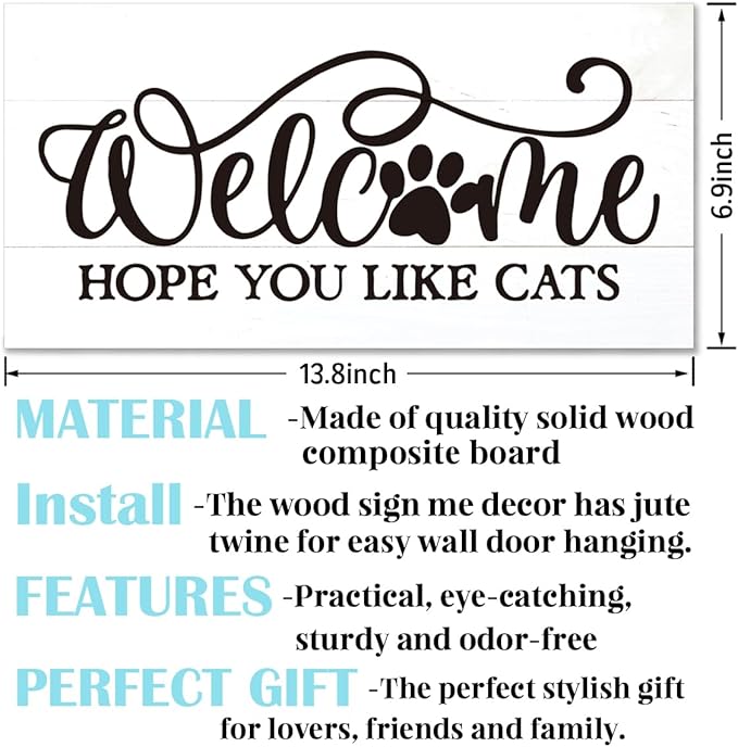 Welcome Sign for Front Door, Welcome Decor Wooden Hanging Sign for Cats Lover - Image 2