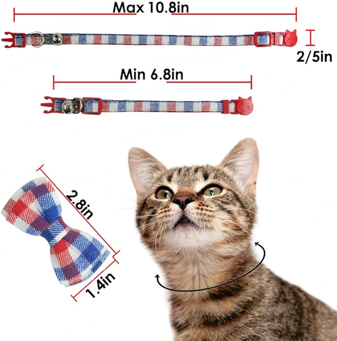 Cat Collar Breakaway with Bell and Bow Tie, Plaid Design Adjustable Safety - Image 6